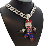 Iced Hip Hop Mario Gun Man Pendant & 15mm 18" Full Iced Cuban Choker Chain Necklace
