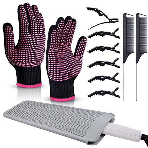 Professional Heat Resistant Gloves, Silicone Heat Mat,  Hair Clips, 2pcs Styling Comb