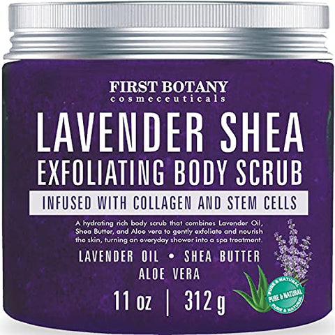 Lavender Oil Body Scrub Exfoliator with Shea Butter, Collagen, Stem Cells, 11 oz