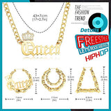 QUEEN Pendant Curb Chain Necklace with Oversize Bamboo Hoop Earring Set