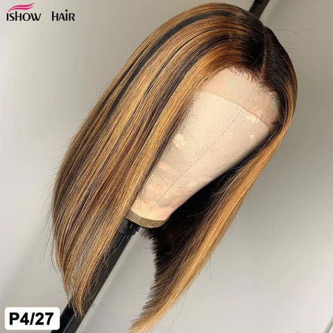 Brazilian Short Straight Bob Human Hair 4/27 T1B/27 Highlights Lace Front Wig